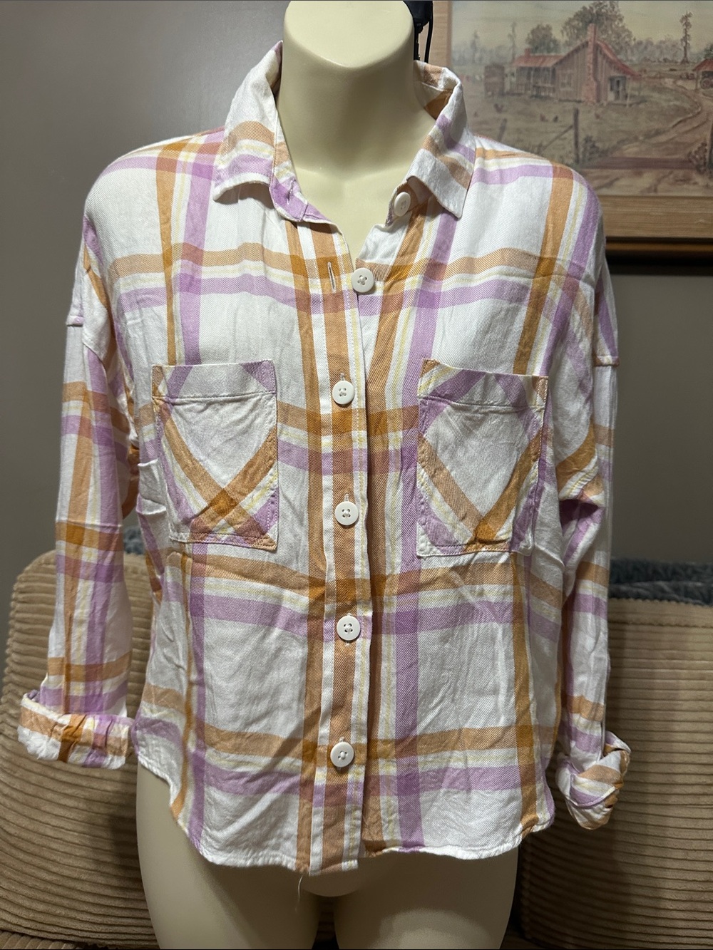 C&C California Plaid Button-Up Top in White, Purple & Tan
